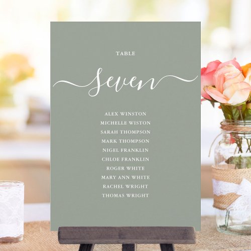 Sage Green Chic Script Table Number Seating Chart
