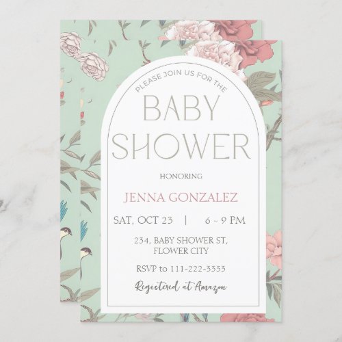 Sage Green Chinoiserie Botanical Baby Shower Invitation
