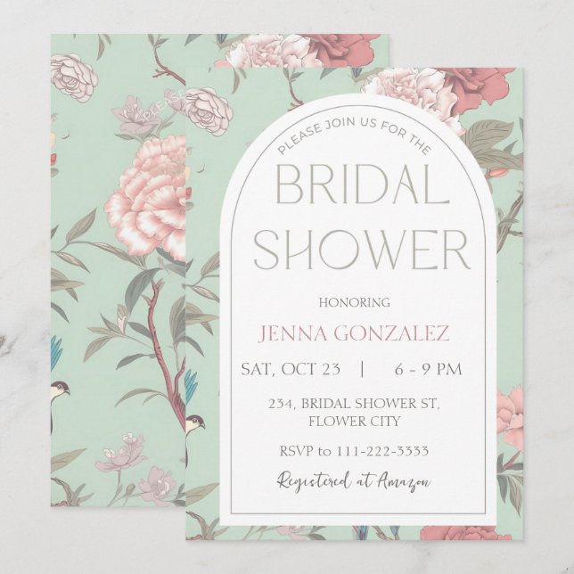 Sage Green Chinoiserie Botanical Bridal Shower Invitation (Front/Back)