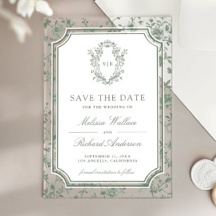 Sage Green Chinoiserie Crest Wedding Save the Date