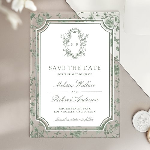 Sage Green Chinoiserie Crest Wedding Save the Date