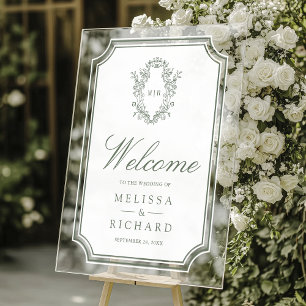 Sage Green Chinoiserie Crest Wedding Welcome Acrylic Sign