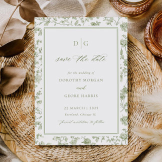 Sage Green Chinoiserie Flat Save The Date Card