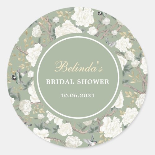 Sage Green Chinoiserie Floral Bridal Shower Classic Round Sticker