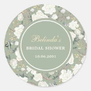 Sage Green Chinoiserie Floral Bridal Shower Classic Round Sticker
