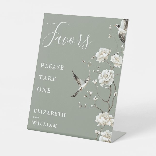 Sage Green Chinoiserie Floral Favors Wedding Pedestal Sign (Front)