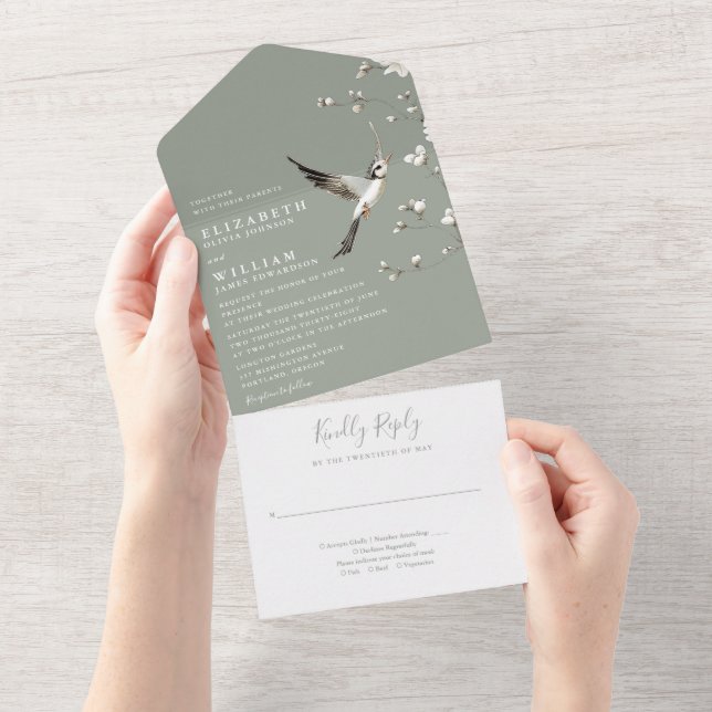 Sage Green Chinoiserie Floral Garden Wedding All In One Invitation (Tearaway)