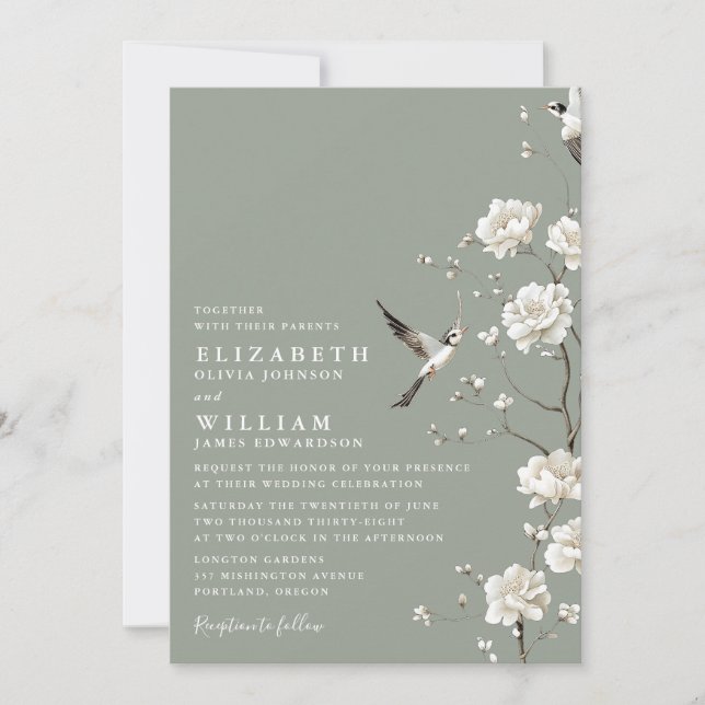 Sage Green Chinoiserie Floral Garden Wedding Invitation (Front)