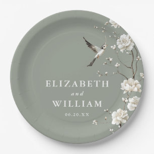 Sage Green Chinoiserie Floral Garden Wedding Paper Plates