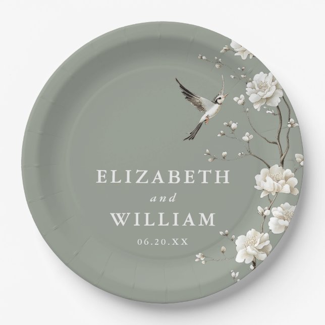 Sage Green Chinoiserie Floral Garden Wedding Paper Plates (Front)