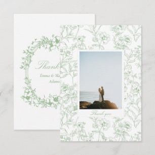Sage Green Chinoiserie Floral Photo Wedding Thank You Card