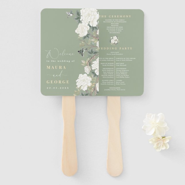 Sage Green Chinoiserie Floral Wedding Program Hand Fan (Front and Back)