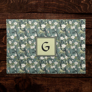 Sage Green Chinoiserie Floral White Initial Cloth Placemat