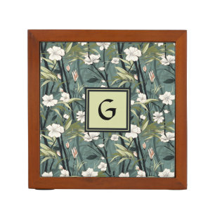Sage Green Chinoiserie Floral White Initial Desk Organizer