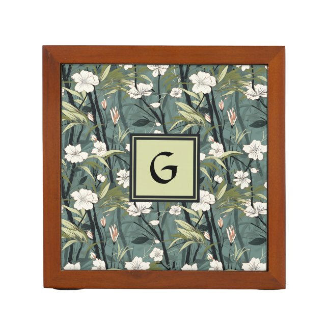 Sage Green Chinoiserie Floral White Initial  Desk Organizer (Front)