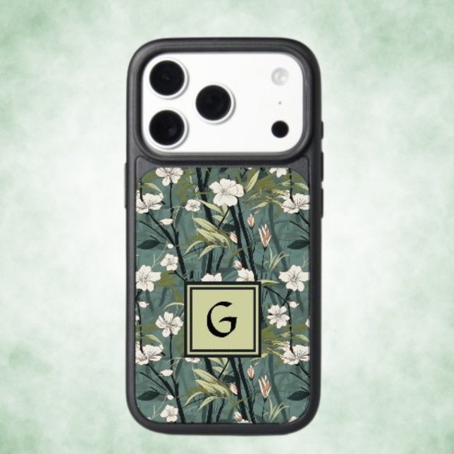Sage Green Chinoiserie Floral White Initial  Otterbox iPhone Case (Creator Uploaded)