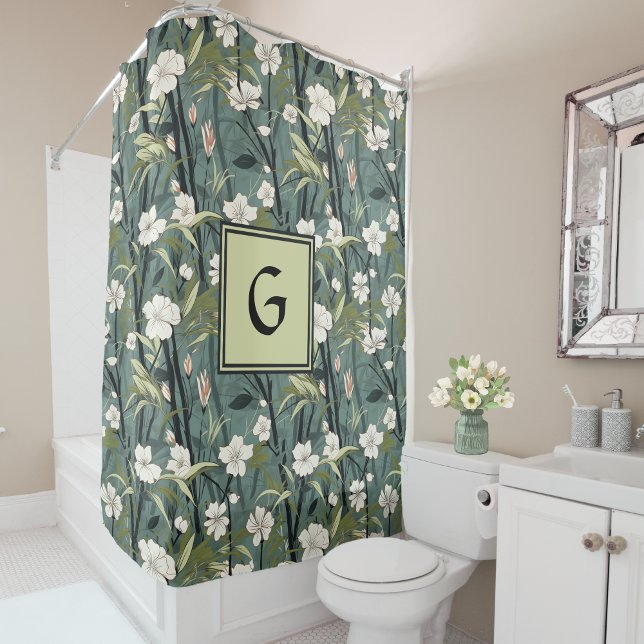 Sage Green Chinoiserie Floral White Initial  Shower Curtain (Creator Uploaded)