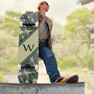 Sage Green Chinoiserie Floral White Initial 