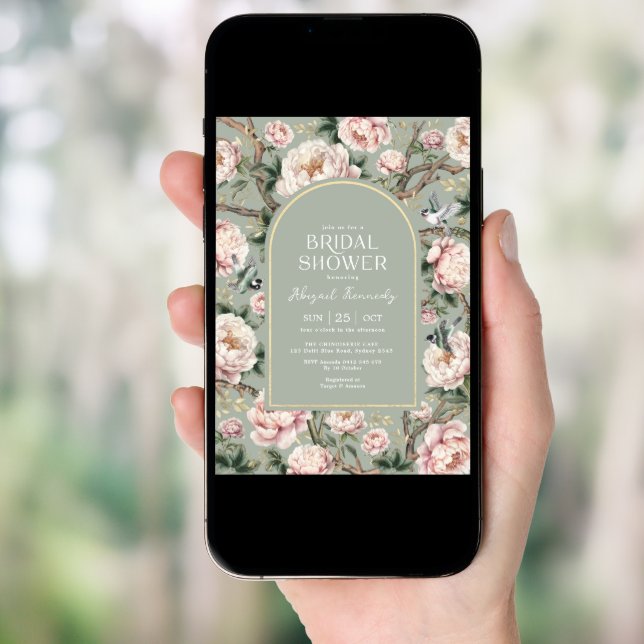 Sage Green Chinoiserie Garden Flower Bridal Shower Invitation (Front Digital)