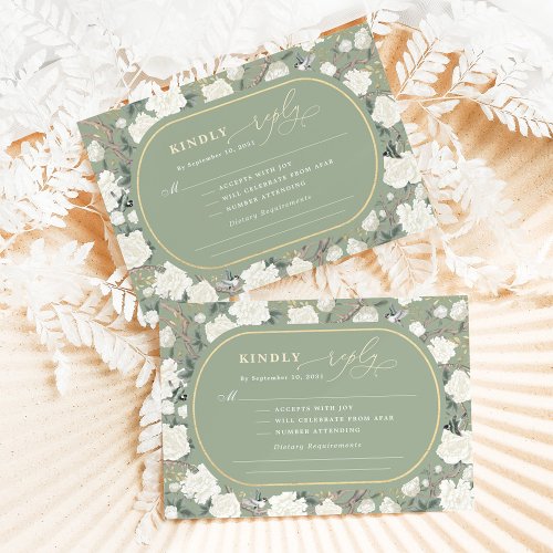 Sage Green Chinoiserie Ivory Flowers Wedding RSVP Card