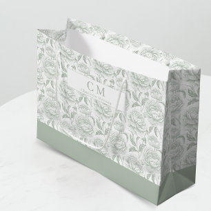 Sage Green Chinoiserie Peonies Monogram Large Gift Bag