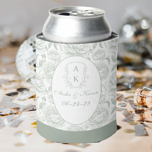 Sage Green Chinoiserie Peonies Monogram Wedding Can Cooler