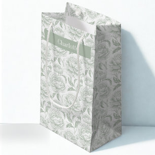 Sage Green Chinoiserie Peonies Small Gift Bag