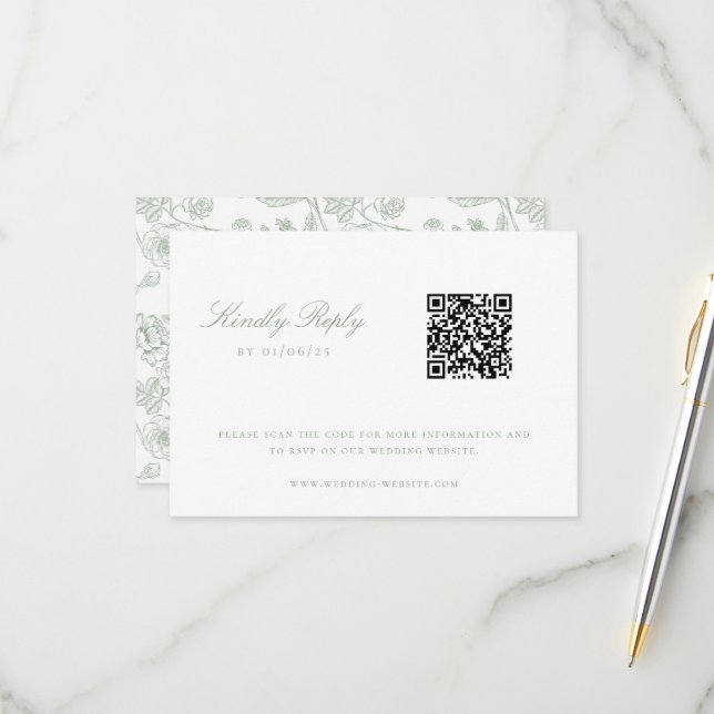 Sage Green Chinoiserie Wedding QR Code RSVP Card (Front/Back In Situ)