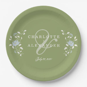 Sage Green Chintz Floral Elegant Wedding Paper Plates