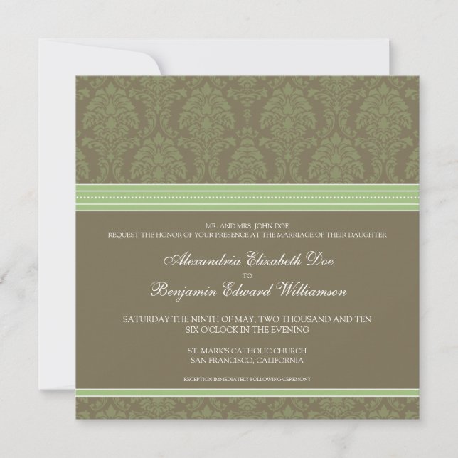 Sage Green Chocolate Damask Wedding Invitation (Front)