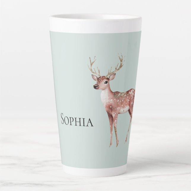 Sage Green Christmas Deer Personalized Latte Mug (Front)