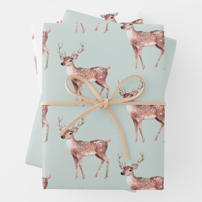 Sage Green Christmas Deer Wrapping Paper Sheets (In situ)