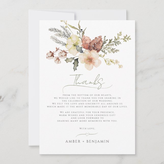 Sage Green Christmas Floral Winter Pine Wedding Thank You Card (Front)