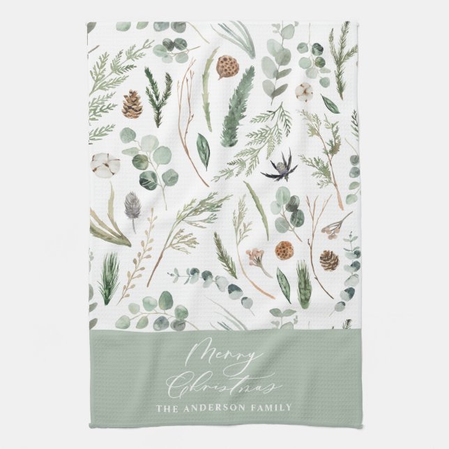 Sage green Christmas minimal botanical Kitchen Towel (Vertical)