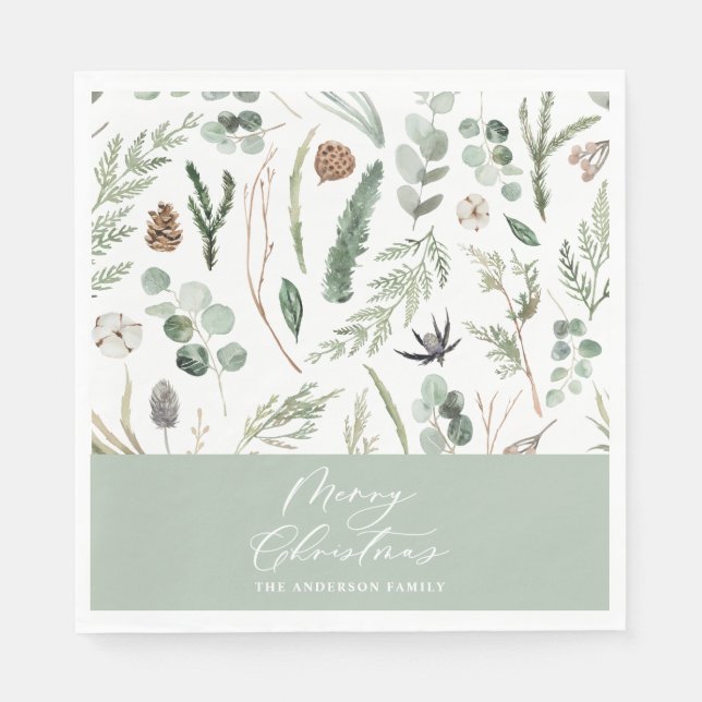 Sage green Christmas minimal botanical Napkins (Front)