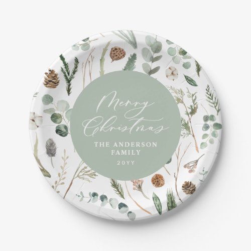 Sage green Christmas minimal botanical Paper Plates