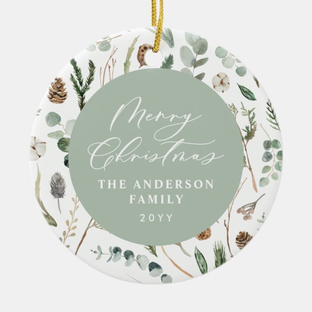 Sage green Christmas minimal botanical photo Ceramic Ornament (Front)