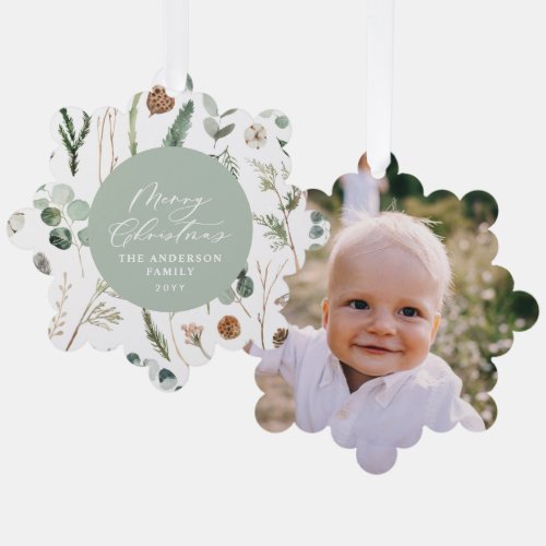 Sage green Christmas minimal botanical photo Ornament Card