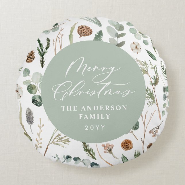 Sage green Christmas minimal botanical Round Pillow (Front)