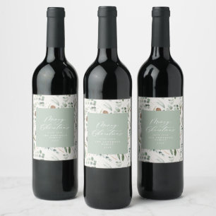 Sage green Christmas minimal elegant botanical Wine Label