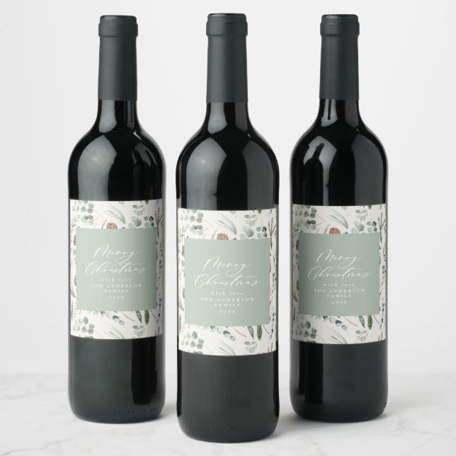 Sage green Christmas minimal elegant botanical Wine Label (Bottles)
