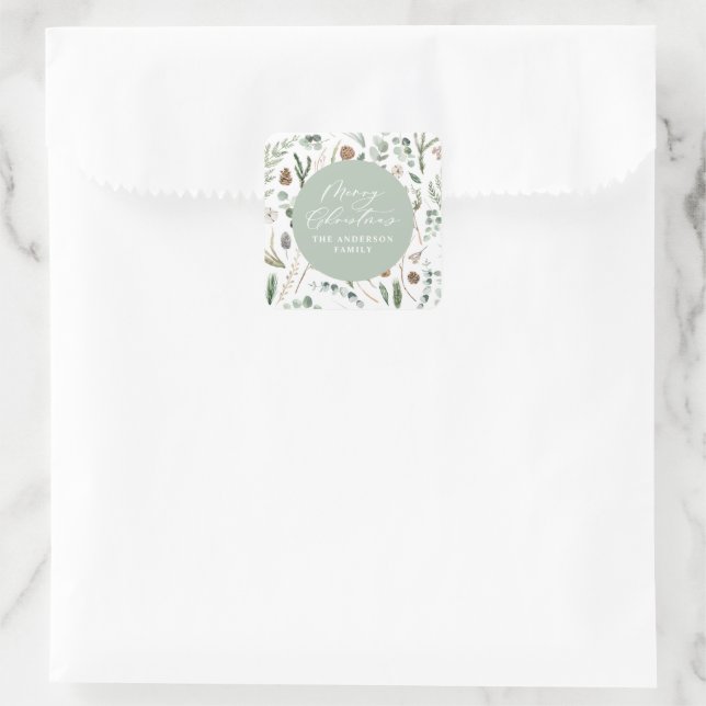Sage green Christmas modern minimal botanical  Square Sticker (Bag)