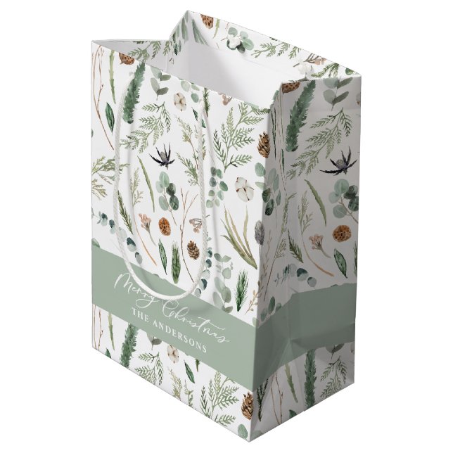 Sage green Christmas modern minimal botanical Wrap Medium Gift Bag (Back Angled)