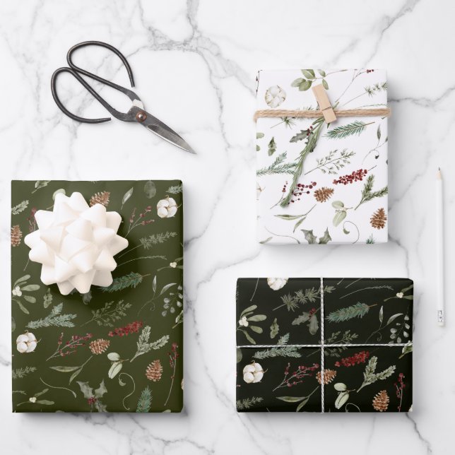 Sage Green Christmas Modern Minimal Botanical Wrapping Paper Sheets (Front)