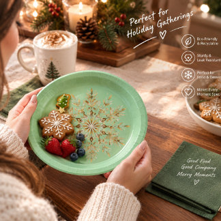 Sage Green Christmas Napkins with Gold Snowflake, Paper Plates