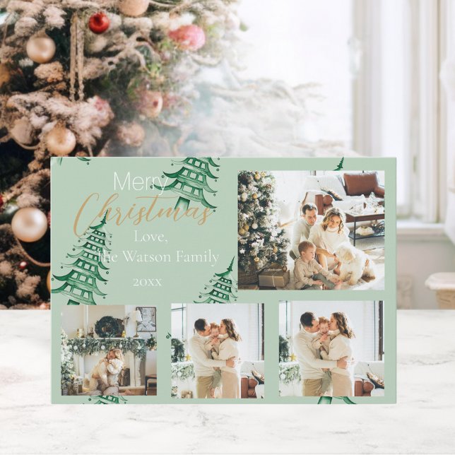Sage Green Christmas Pagoda Trees 5-Photo  Holiday Card (Sage Green Christmas Pagoda Trees 5-Photo Holiday Card)