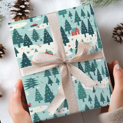 Sage Green Christmas Tree Red Christmas  Wrapping Paper