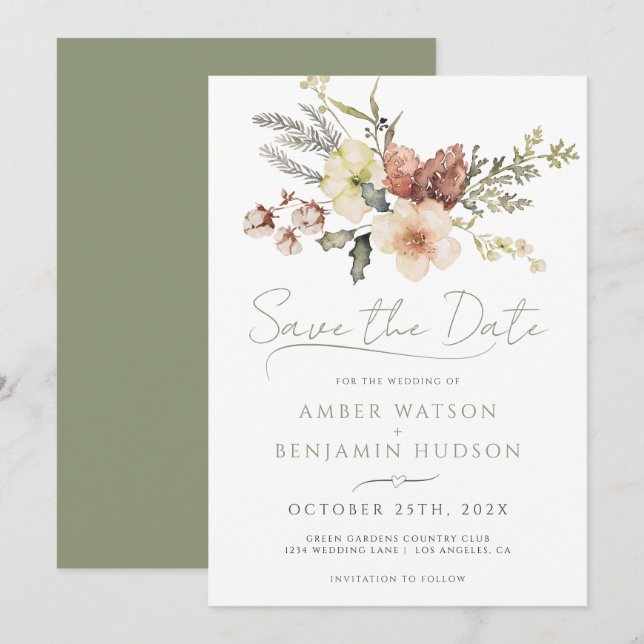 Sage Green Christmas Winter Floral Save The Date Invitation (Front/Back)