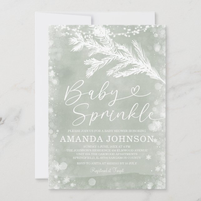 Sage Green Christmas Winter Leaves Baby Sprinkle Invitation (Front)