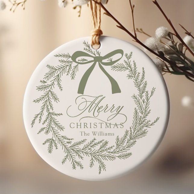 Sage Green Christmas Wreath Holiday  Ceramic Ornament (Creator Uploaded)